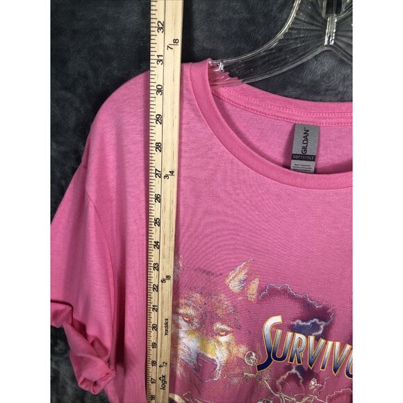 Woman's Biker Shirt Survivors Pink Graphic Tee With Wolf & Motorcycle Design - Picture 5 of 7